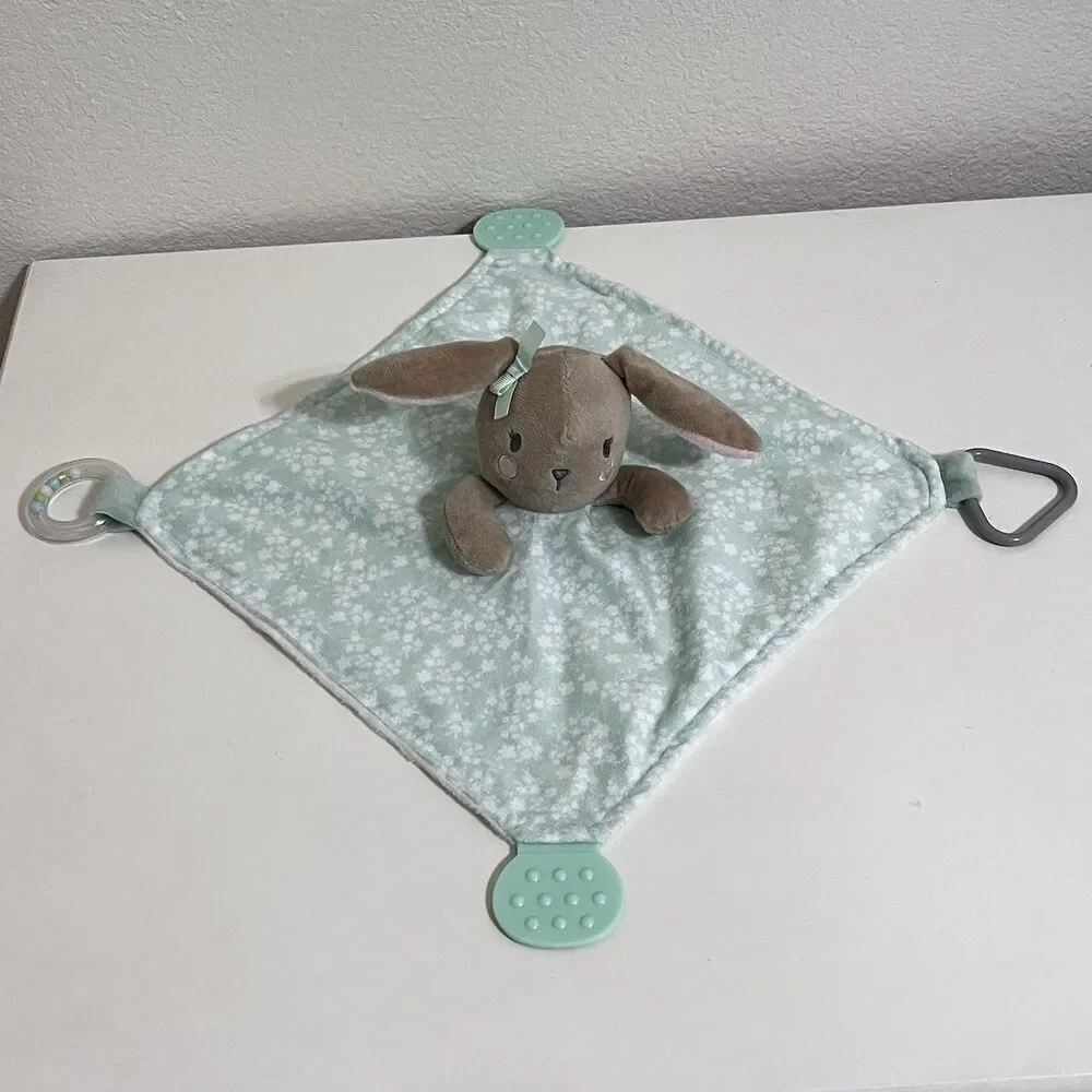 Modern Baby Green Floral Bunny Rabbit Baby Security Blanket Lovey Teether Rattle